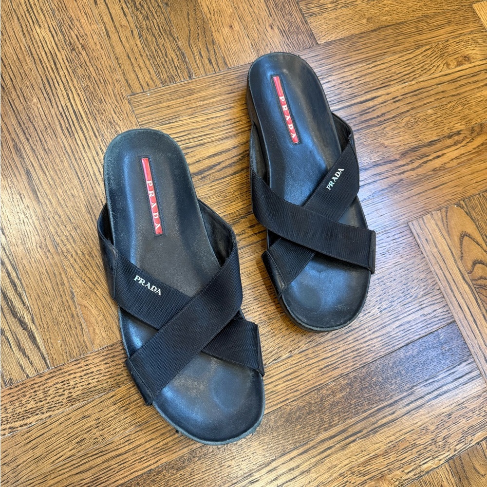 Prada Black Criss-Cross Slide Sandals